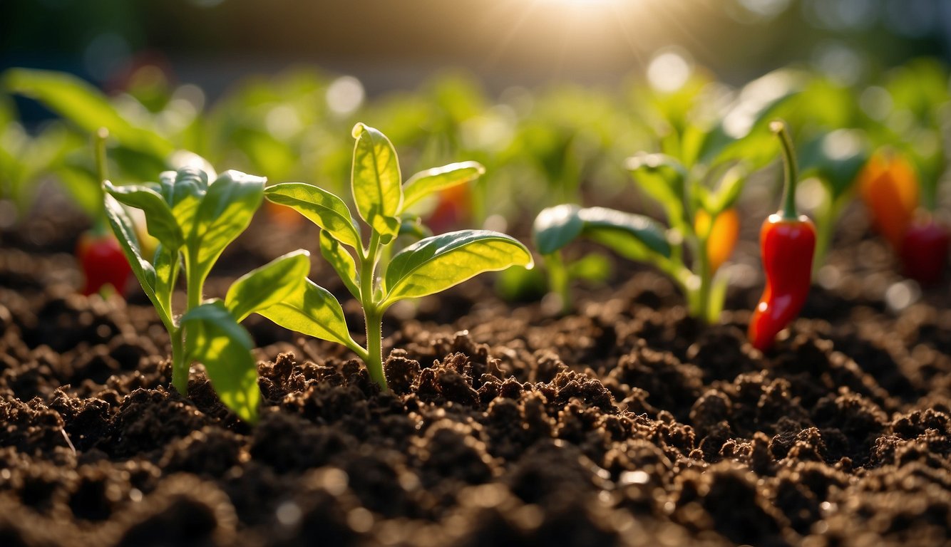 Seeds are being planted in rich soil, watered and cared for. Bright sunlight shines down on the growing plants, as they thrive and produce vibrant, fiery hot peppers