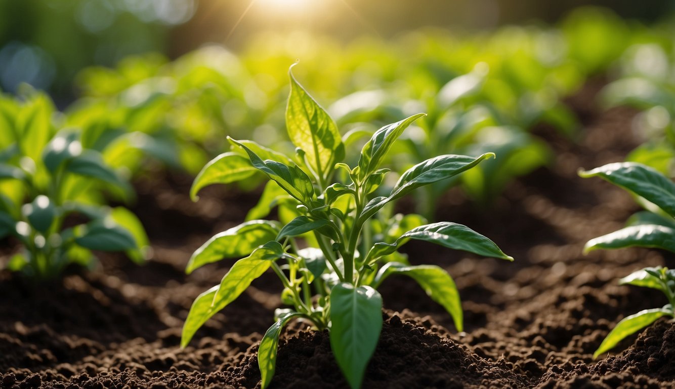 Healthy pepper plants thriving in rich soil, receiving ample sunlight and regular watering. Vibrant green leaves, sturdy stems, and small peppers forming