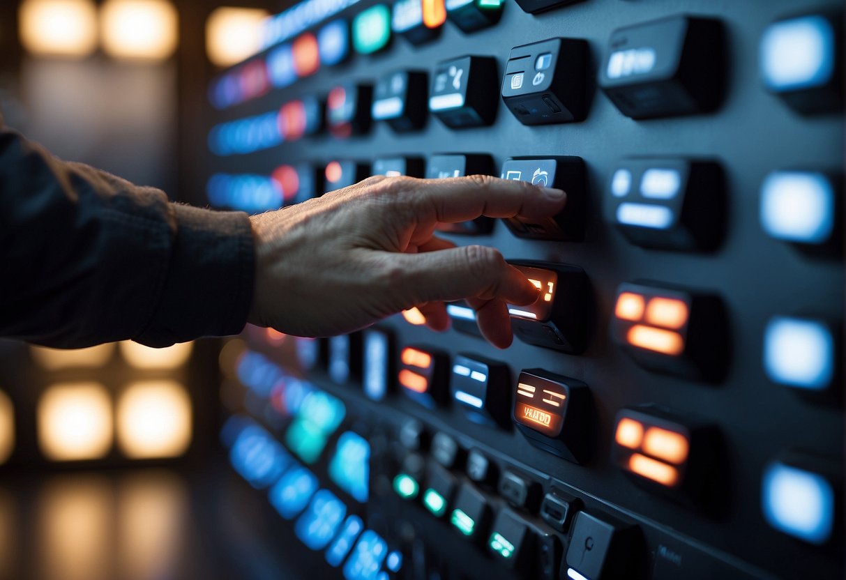 A hand reaches out to select a gaming keypad from a display, with various key options and LED lighting