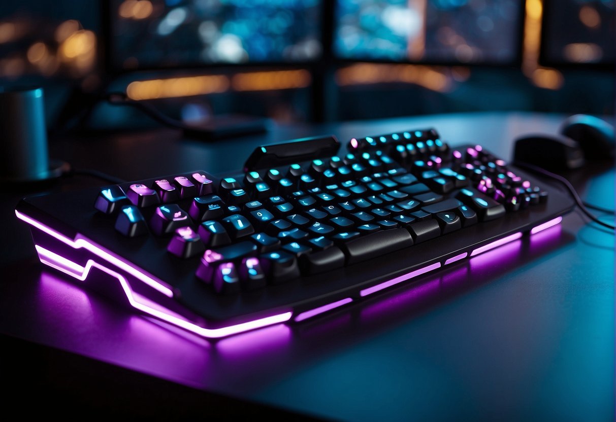 A gaming keypad sits illuminated on a sleek desk, surrounded by high-tech peripherals and glowing LED lights, ready for action