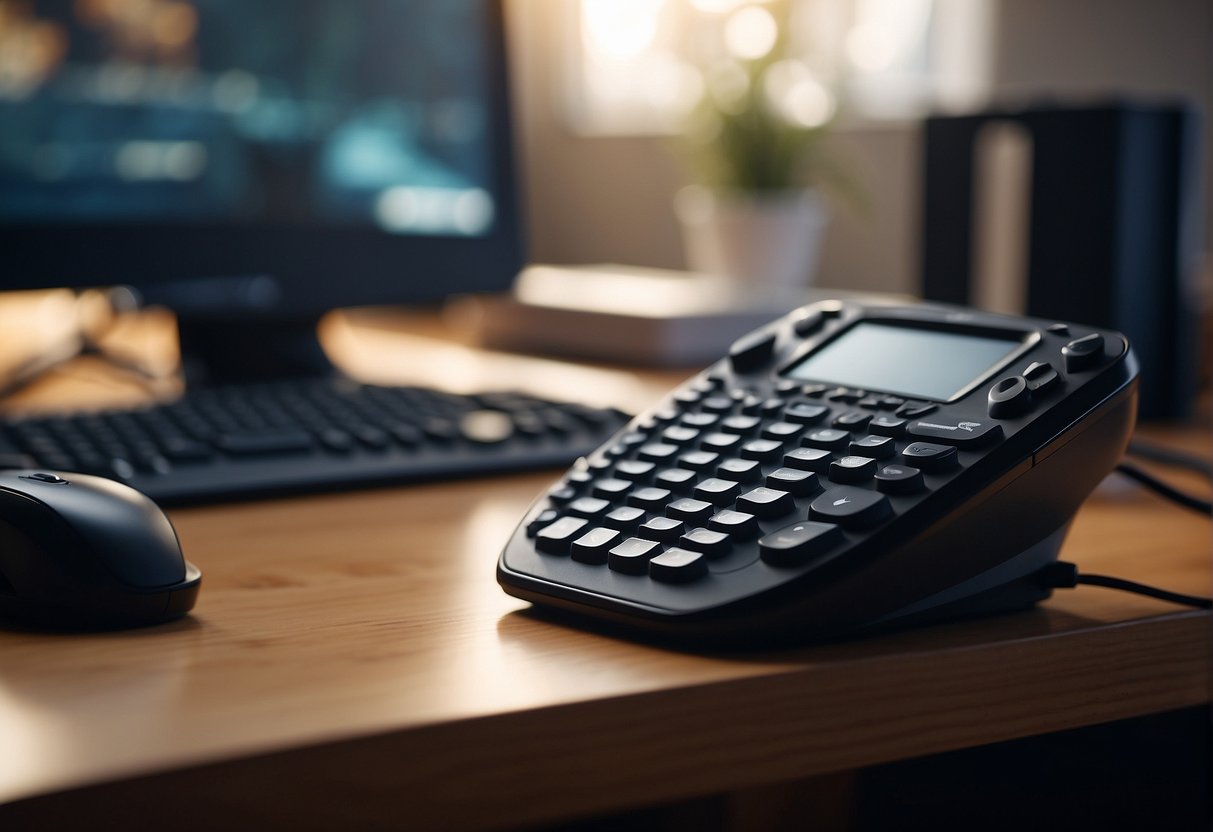 A gaming keypad lies on a clean, well-lit desk. A cable is neatly coiled next to it, and a small bottle of cleaning solution sits nearby