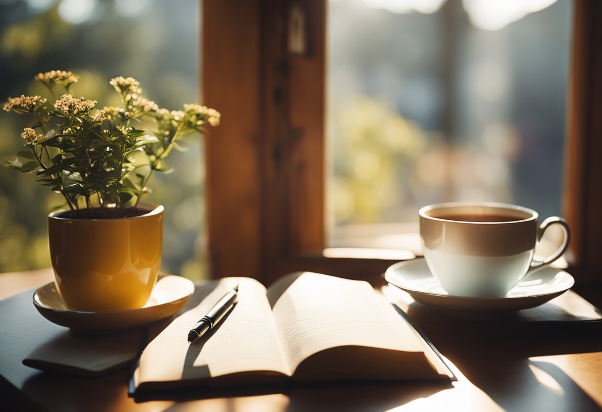 A cozy room with a desk, pen, and journal. Sunlight streams in through a window, casting a warm glow on the open pages. A cup of tea sits nearby, adding to the peaceful atmosphere