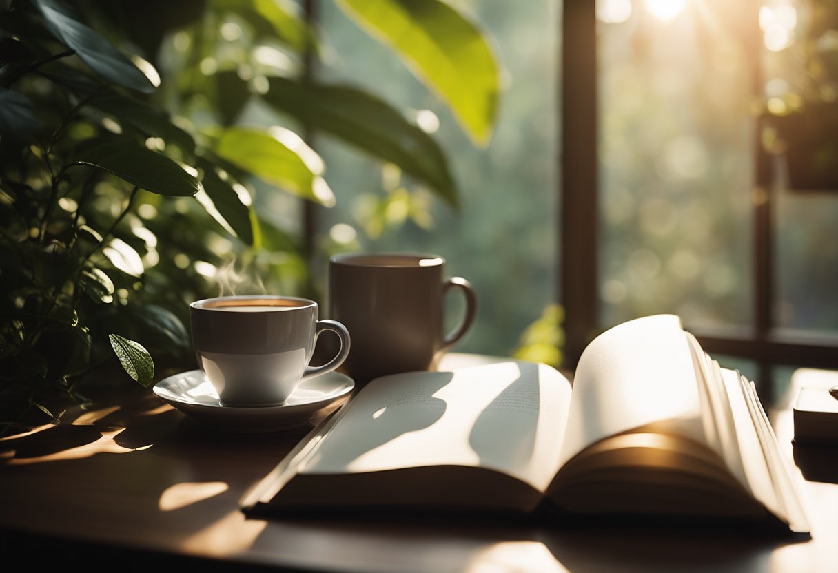 A cozy desk with a pen, open journal, and a cup of tea. A window with sunlight streaming in, surrounded by plants and a peaceful atmosphere