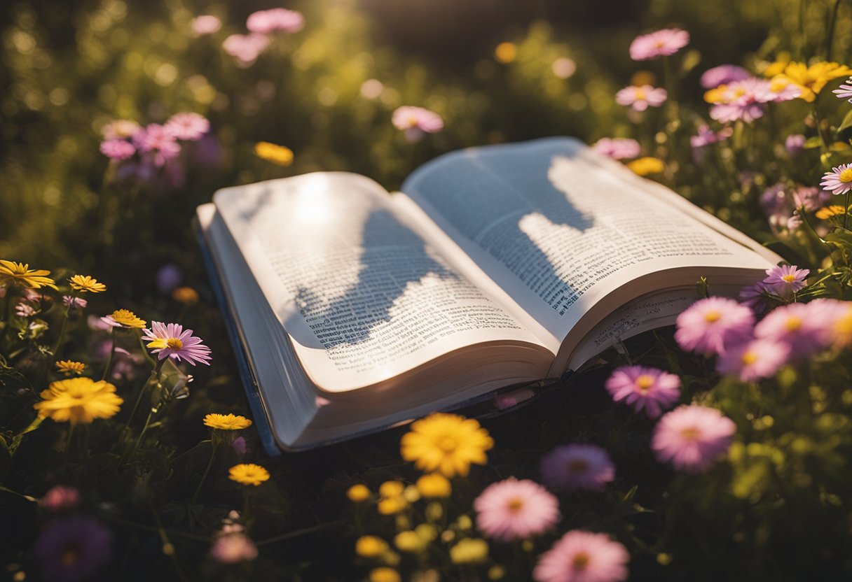 A colorful journal surrounded by vibrant flowers and a peaceful natural setting, with rays of sunlight shining down, evoking a sense of gratitude and tranquility