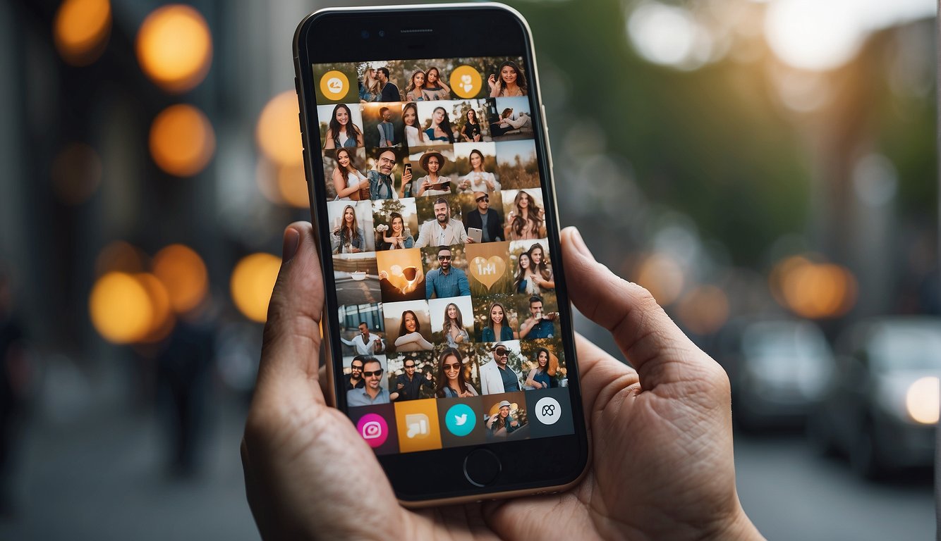 A smartphone with an Instagram profile open, surrounded by icons for followers, likes, and comments. A caption reads "How to Get Followers on Instagram Without Following for Free."