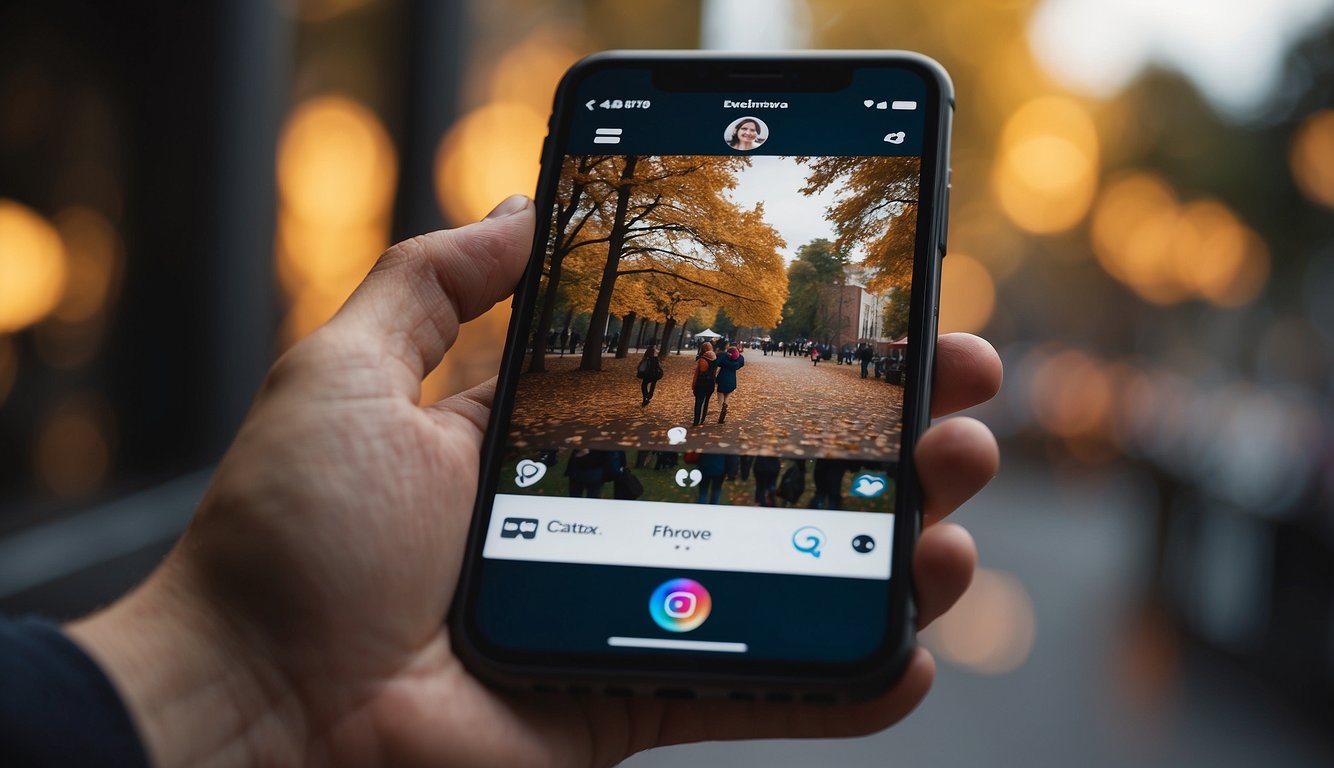 A smartphone with the Instagram app open, displaying a profile with a high number of followers. A creative and eye-catching post is being made with a caption about gaining followers without following back
