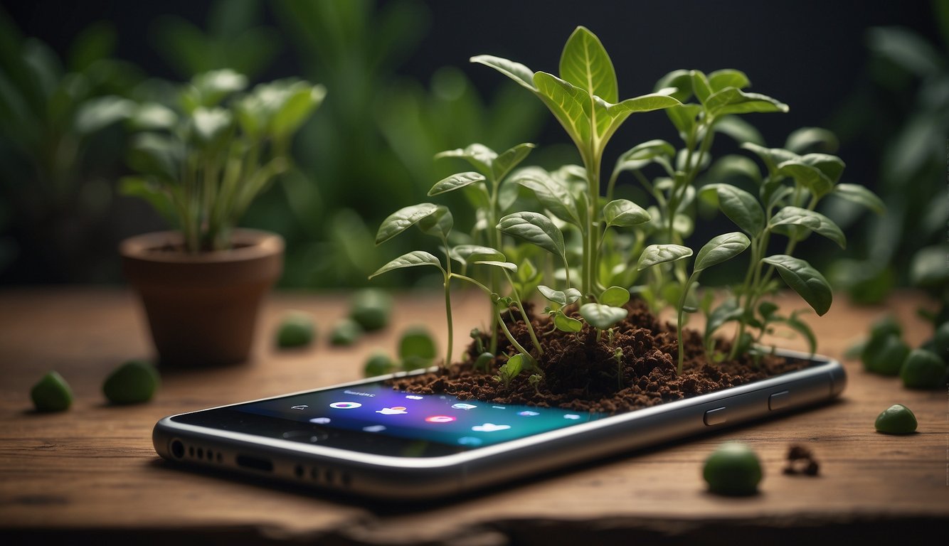 A smartphone displaying Instagram with a growing plant sprouting from the screen, surrounded by icons of followers and likes