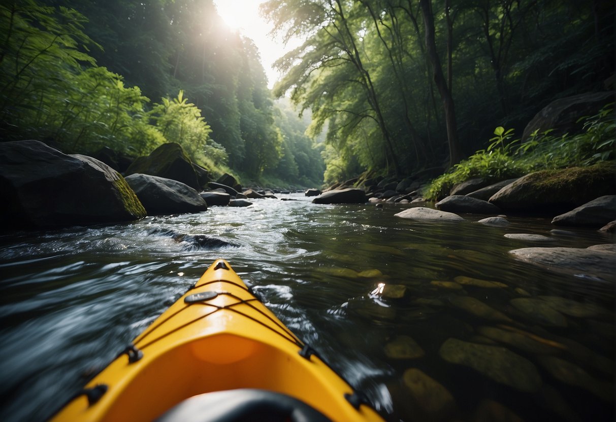 A kayak rises up a gentle stream, surrounded by lush greenery and the peaceful sounds of nature