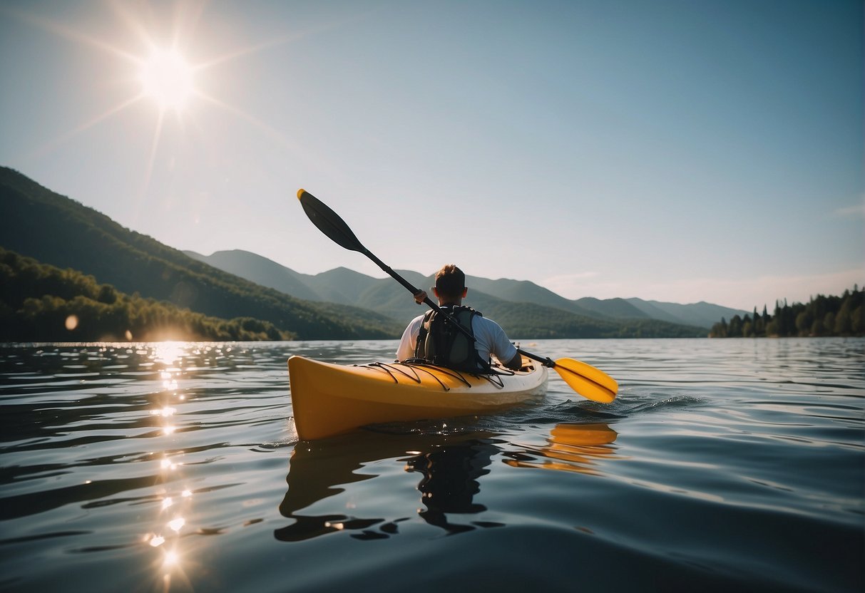 A kayak glides over calm waters, with a serene view of the surrounding landscape