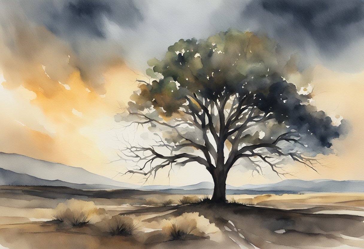 A lone tree stands tall in a barren landscape, its branches reaching towards the sky. Dark storm clouds loom overhead, but a single ray of sunlight breaks through, casting a warm glow on the tree