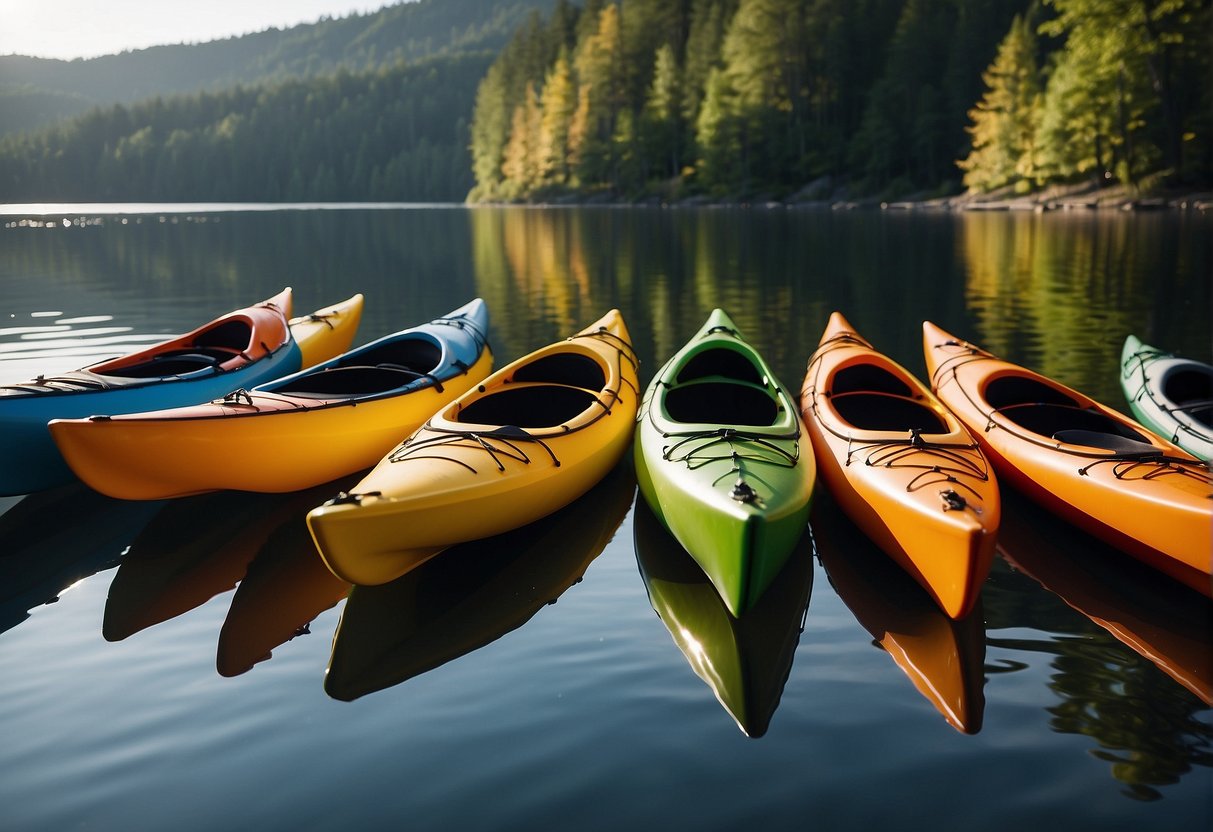 A kayak floating on calm water, surrounded by other kayaks. A person is comparing and reviewing the kayaks, looking at their features and design