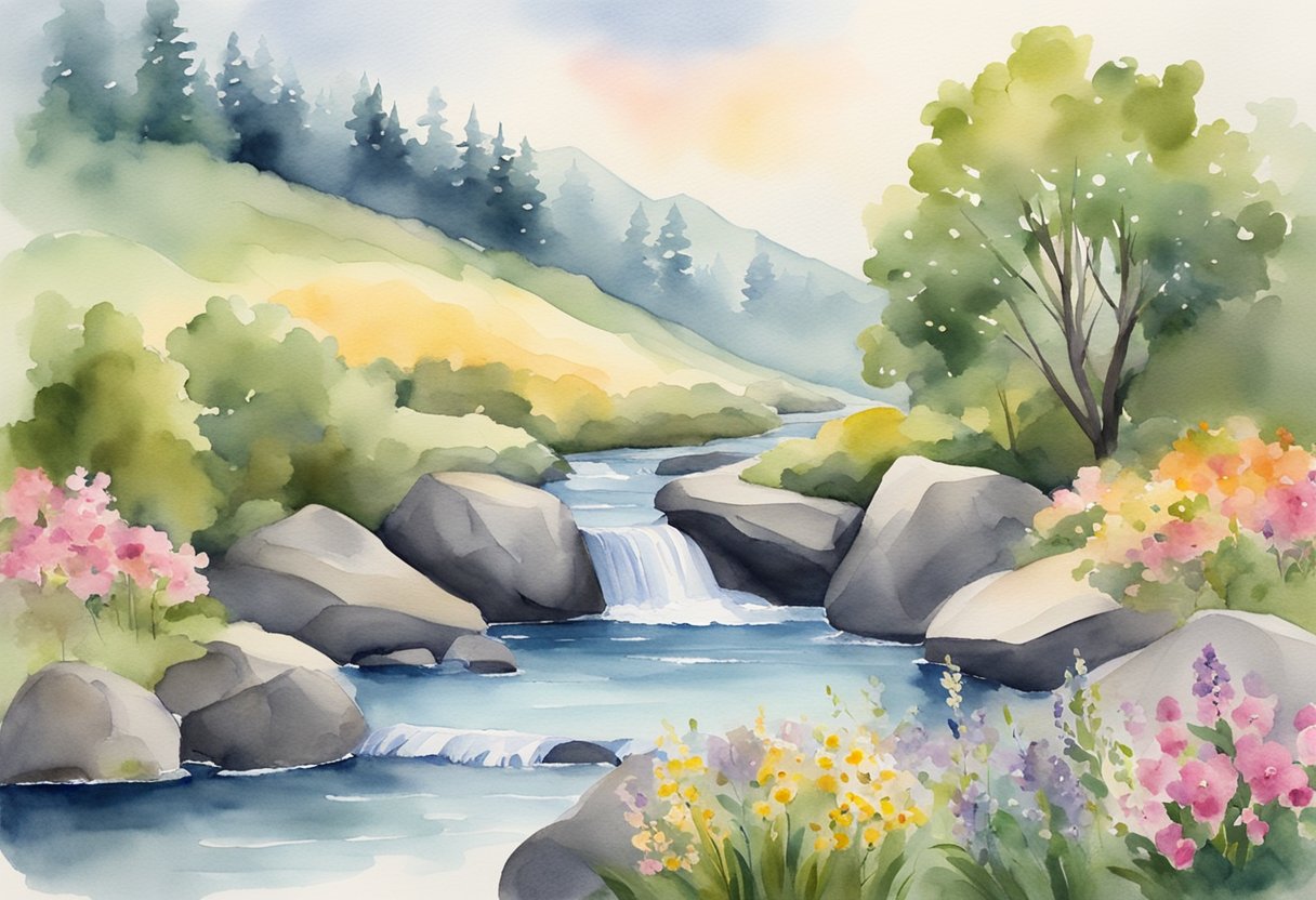 A serene landscape with a journal open on a rock, surrounded by flowers and a flowing stream, symbolizing the practice of finding gratitude in times of adversity