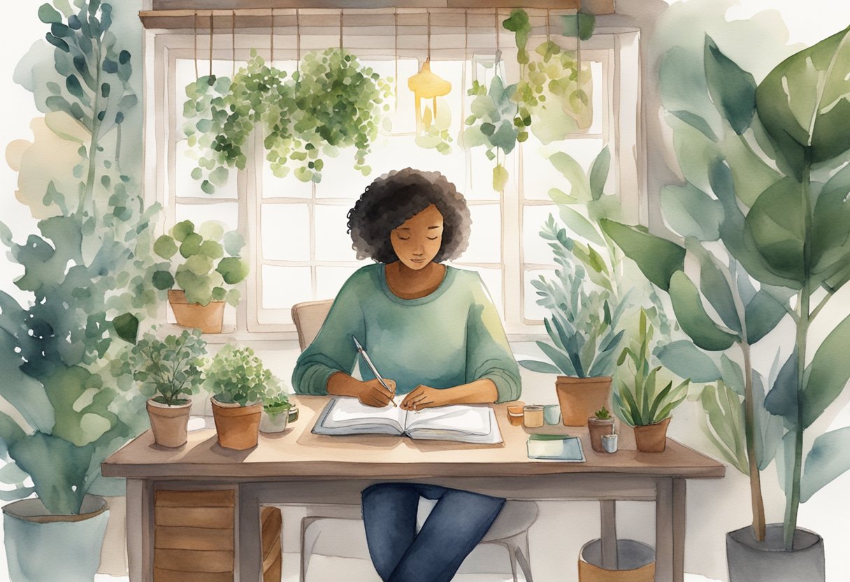 A person sits at a desk, surrounded by plants and a cozy journal. They are writing with a focused expression, surrounded by uplifting quotes and positive imagery