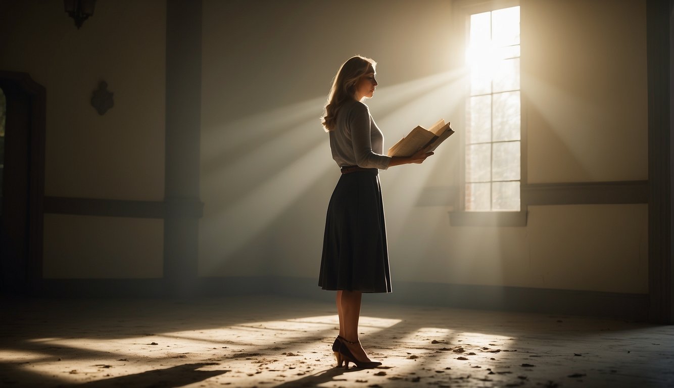 A woman standing with arms crossed, confronting her husband. A torn scroll of scripture lies on the ground. A ray of light shines through a window onto the scene