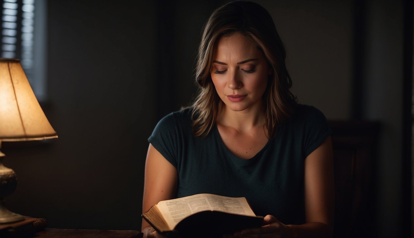 A woman sits alone in a dimly lit room, tears streaming down her face as she clutches a worn Bible. A faint glimmer of hope shines through the darkness as she seeks solace in the scriptures