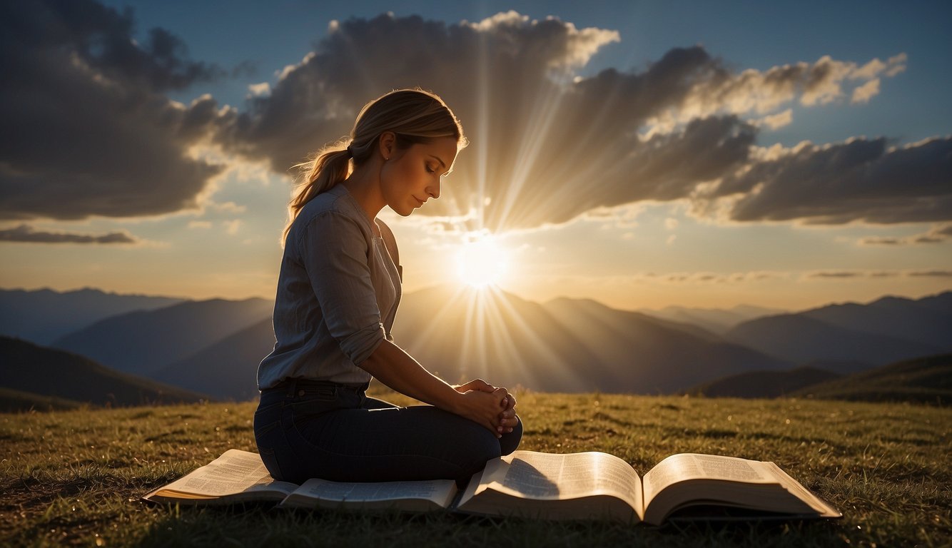 A woman kneeling in prayer, surrounded by open pages of the Bible. A beam of light shines down on her, symbolizing spiritual guidance in dealing with infidelity