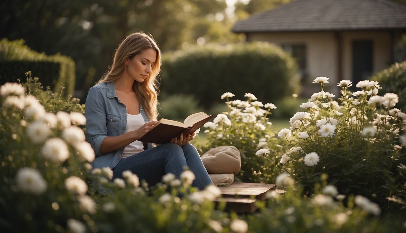 A woman sits in a peaceful garden, reading a Bible and praying. She is surrounded by flowers and a sense of calm, finding solace in her faith while dealing with the betrayal of her husband's infidelity