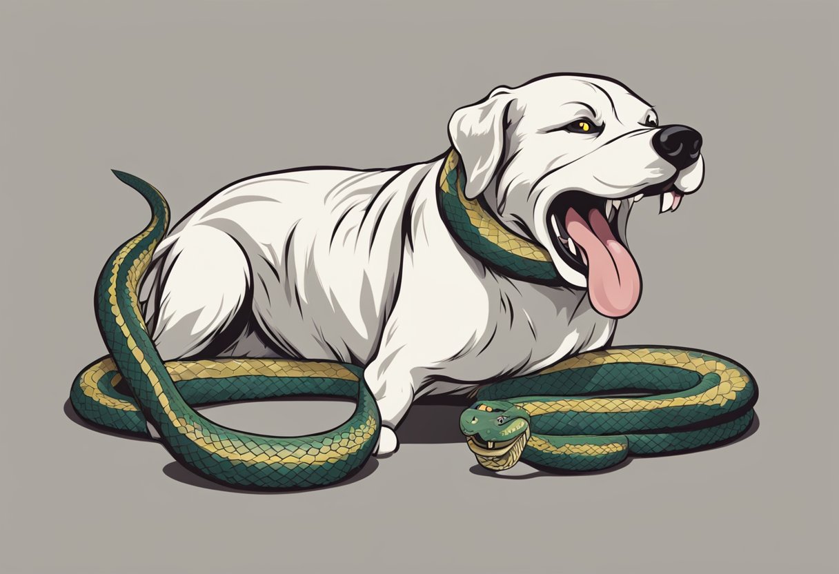 A dog biting a snake, representing triumph over evil