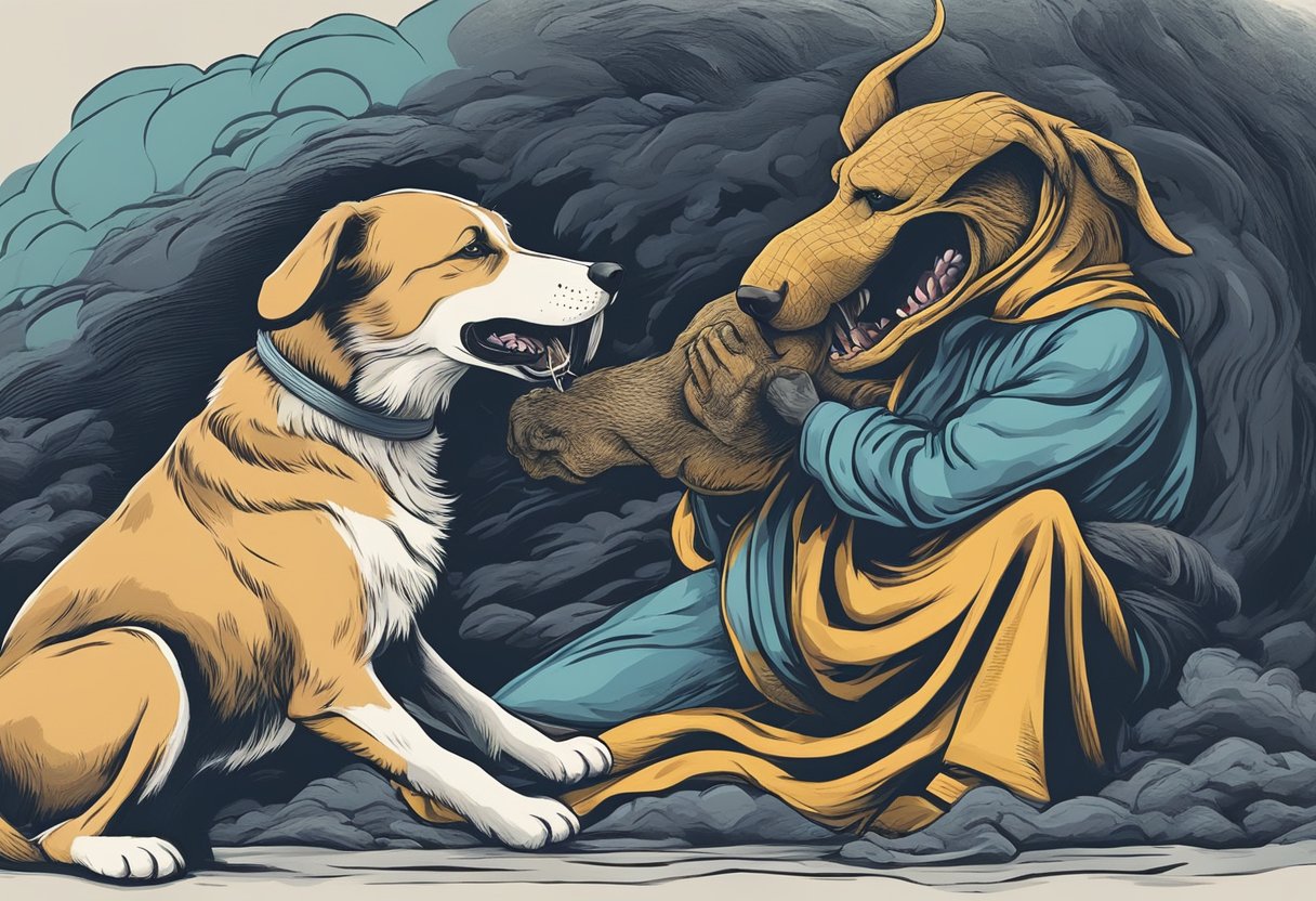 A dog biting a figure in a dream, symbolizing spiritual attack or betrayal, as per biblical interpretation