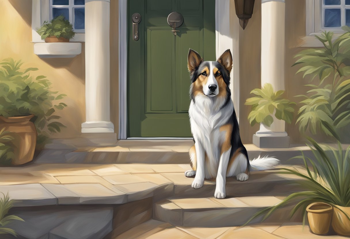 A dog stands guard at the entrance of a humble home, representing loyalty and protection in biblical symbolism. Its alert stance and watchful eyes convey the significance of dogs in the Bible