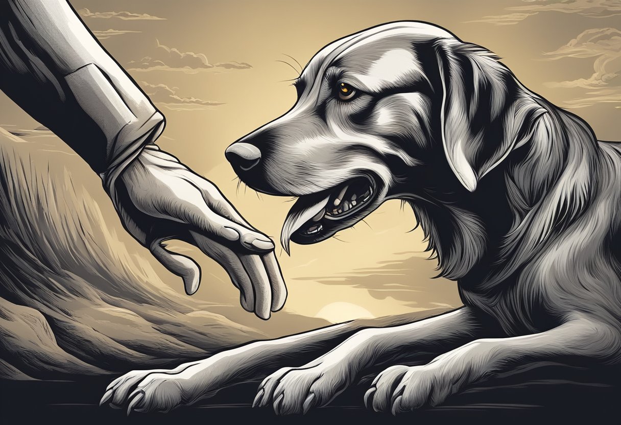 A dog bites a hand in a dream, symbolizing betrayal or conflict in biblical interpretation