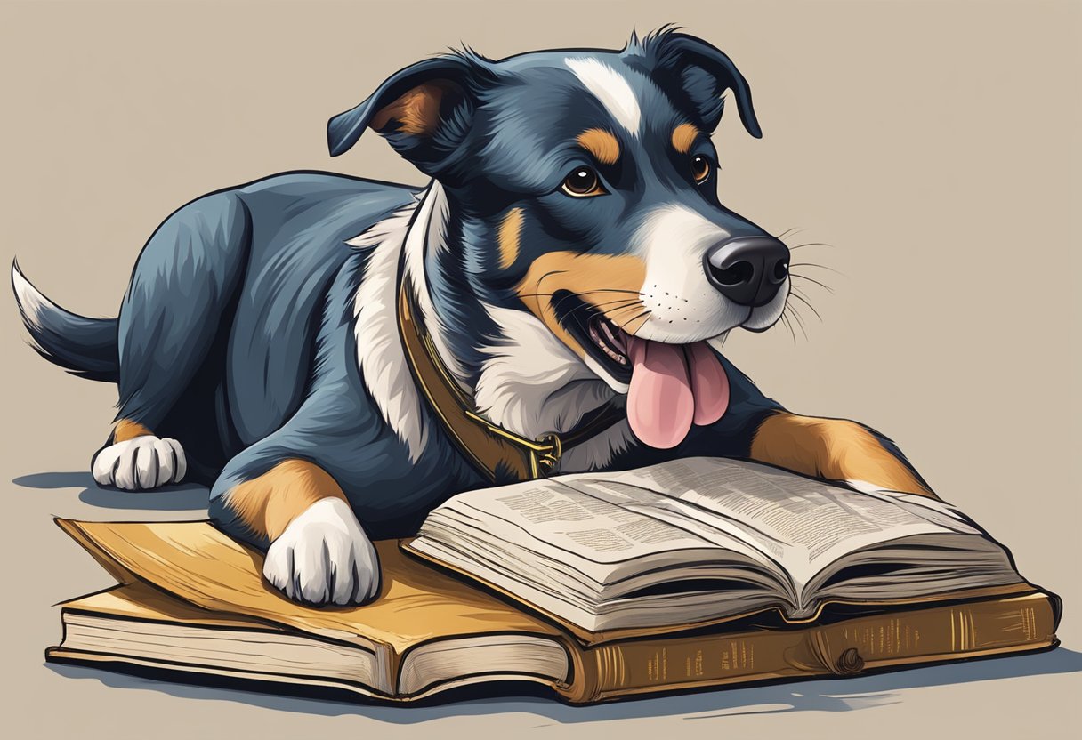 A dog biting a book with biblical symbols
