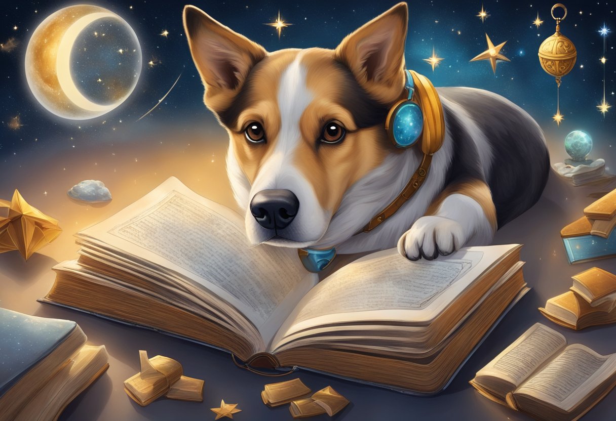 A dog with bared teeth bites a book with dream symbols, surrounded by celestial imagery