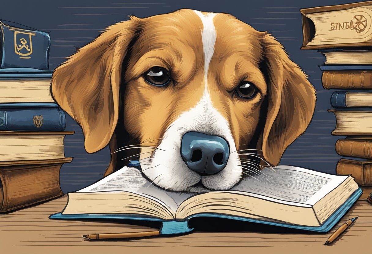 A dog biting a book with a spiritual symbol on the cover