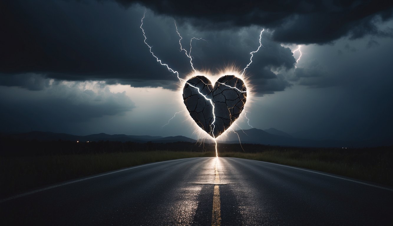 A broken heart symbol surrounded by dark clouds, with a bolt of lightning striking through the center, representing the emotional turmoil of infidelity