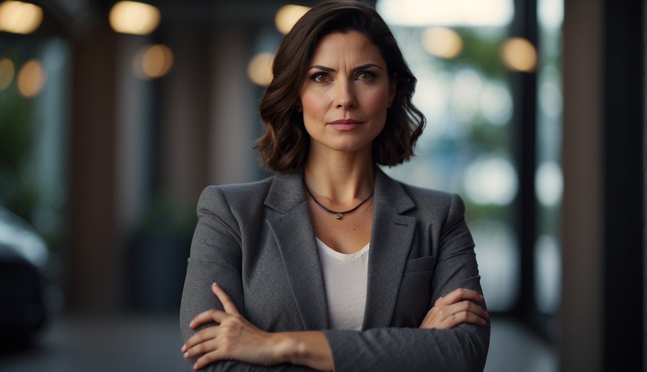 A woman standing firm with arms crossed, a stern expression on her face as she communicates her boundaries and expectations to her husband