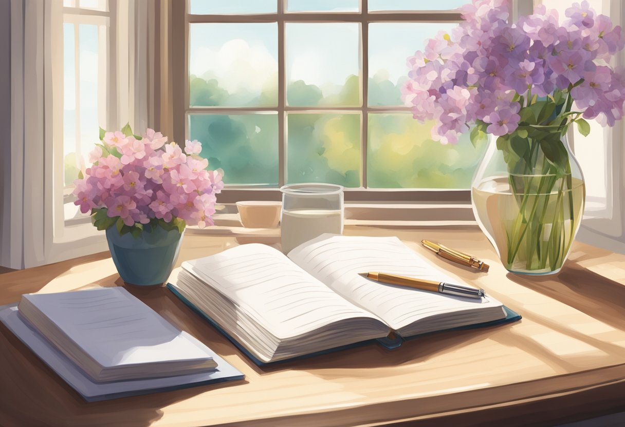 A table with two open gratitude journals, a pen, and a vase of flowers, with soft natural light streaming in through a nearby window
