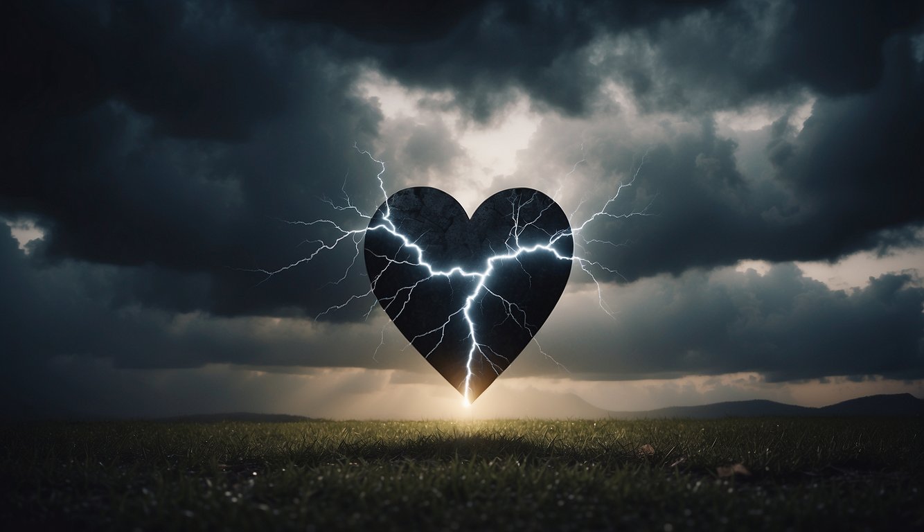 A broken heart symbol surrounded by dark storm clouds, with a bolt of lightning striking down, representing emotional punishment for a cheating husband