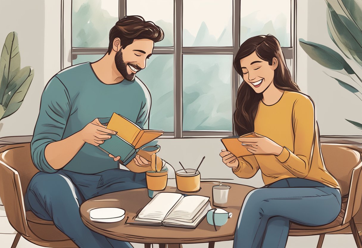 A couple sitting across from each other, smiling and exchanging small gifts. A journal with "gratitude" written on the cover is open on the table