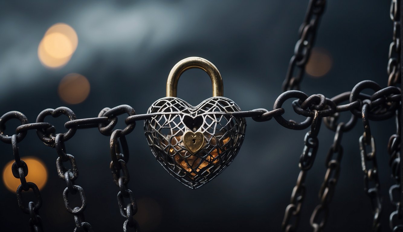 A broken heart locked in a cage, surrounded by chains and locks, with a dark storm cloud overhead, symbolizing emotional punishment for infidelity