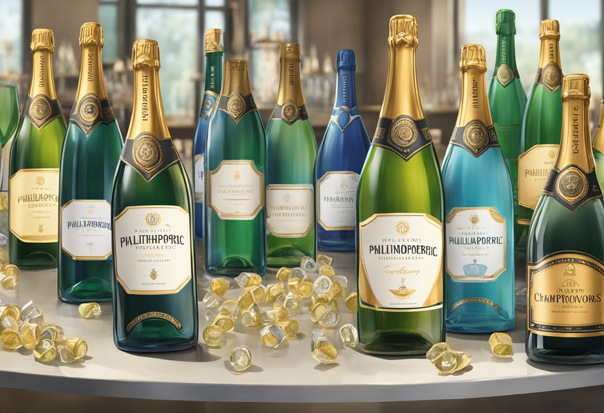 Champagne bottles surround a table with "Philanthropic Endeavors" written on a banner. Dave Portnoy's logo is visible on the bottles
