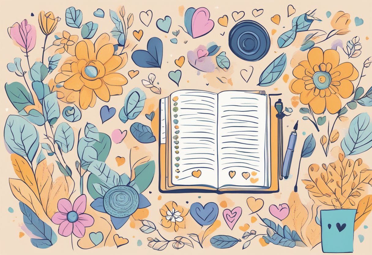 A person writing in a journal, surrounded by symbols of love and gratitude, such as hearts, flowers, and positive affirmations