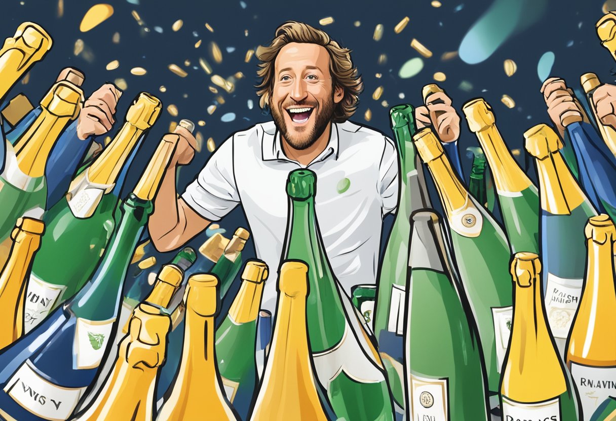 Dave Portnoy's public persona is depicted by a table filled with champagne bottles and overflowing with excitement