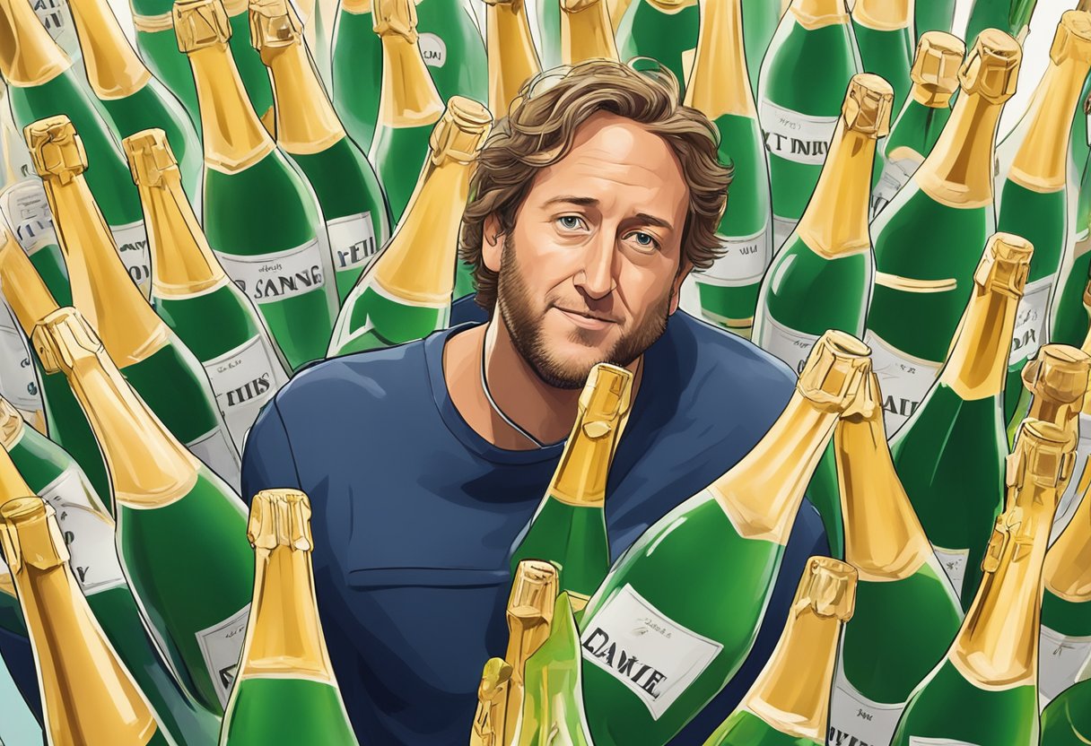 Dave Portnoy stands among scattered champagne bottles, facing obstacles with determination