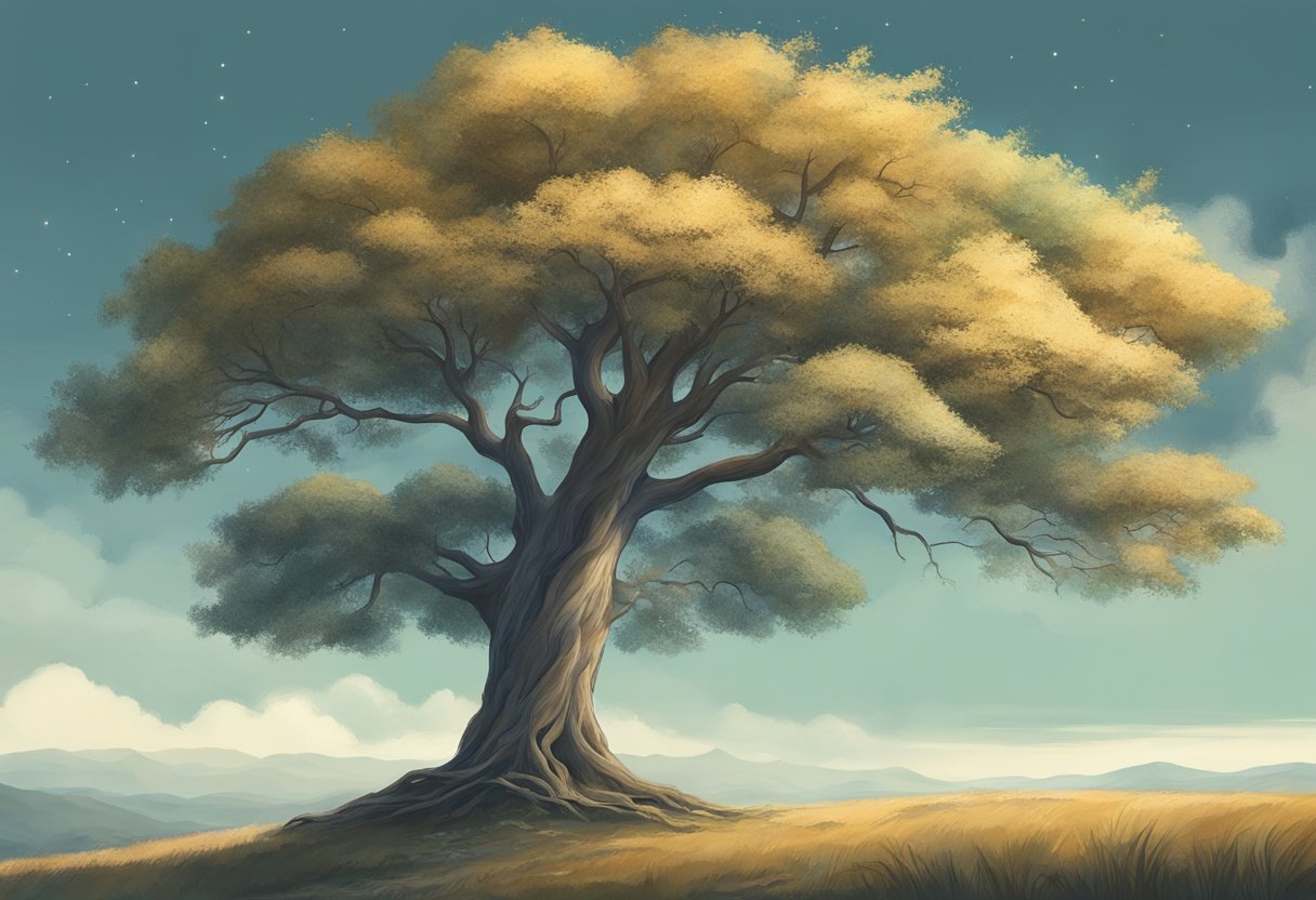 A tall tree stands alone in a vast, serene landscape, its branches reaching towards the sky. The tree exudes a sense of strength, resilience, and connection to the earth and heavens