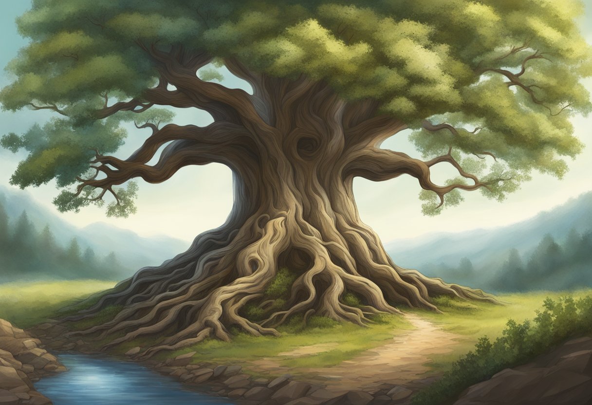 A majestic tree stands tall, its roots reaching deep into the earth. Its branches stretch out, providing shelter and wisdom to all who seek its guidance
