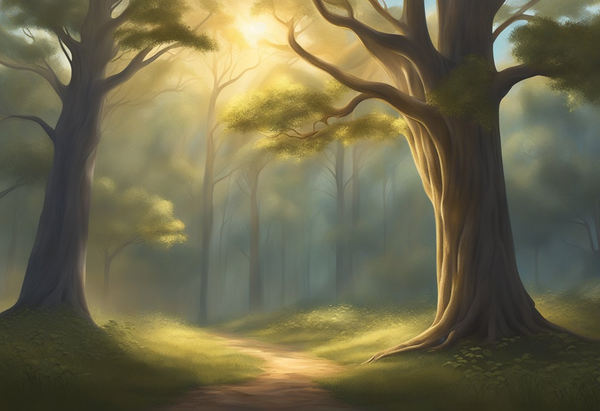 A tall, sturdy tree stands in a peaceful forest clearing, its branches reaching towards the sky. The tree is surrounded by a soft, golden light, evoking a sense of tranquility and spiritual connection
