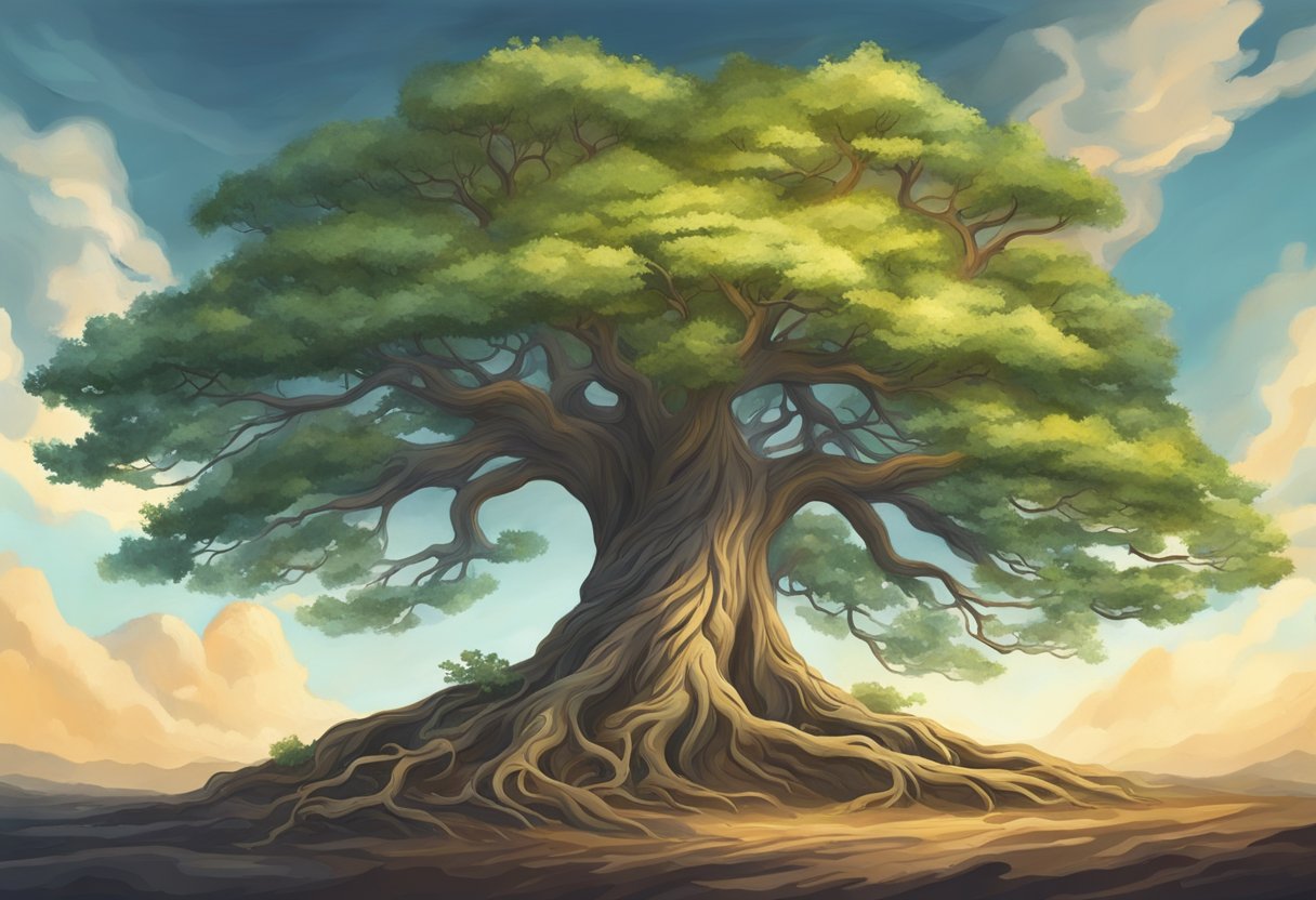 A majestic tree stands tall, its roots reaching deep into the earth. The branches sway gently in the wind, symbolizing strength, growth, and connection to the spiritual world