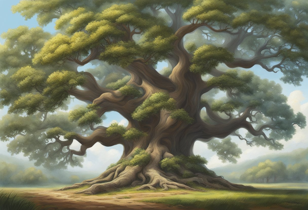 A majestic oak tree stands tall, symbolizing strength and endurance. Its roots dig deep into the earth, representing stability and grounding. The branches reach out towards the sky, embodying growth and connection to the spiritual realm