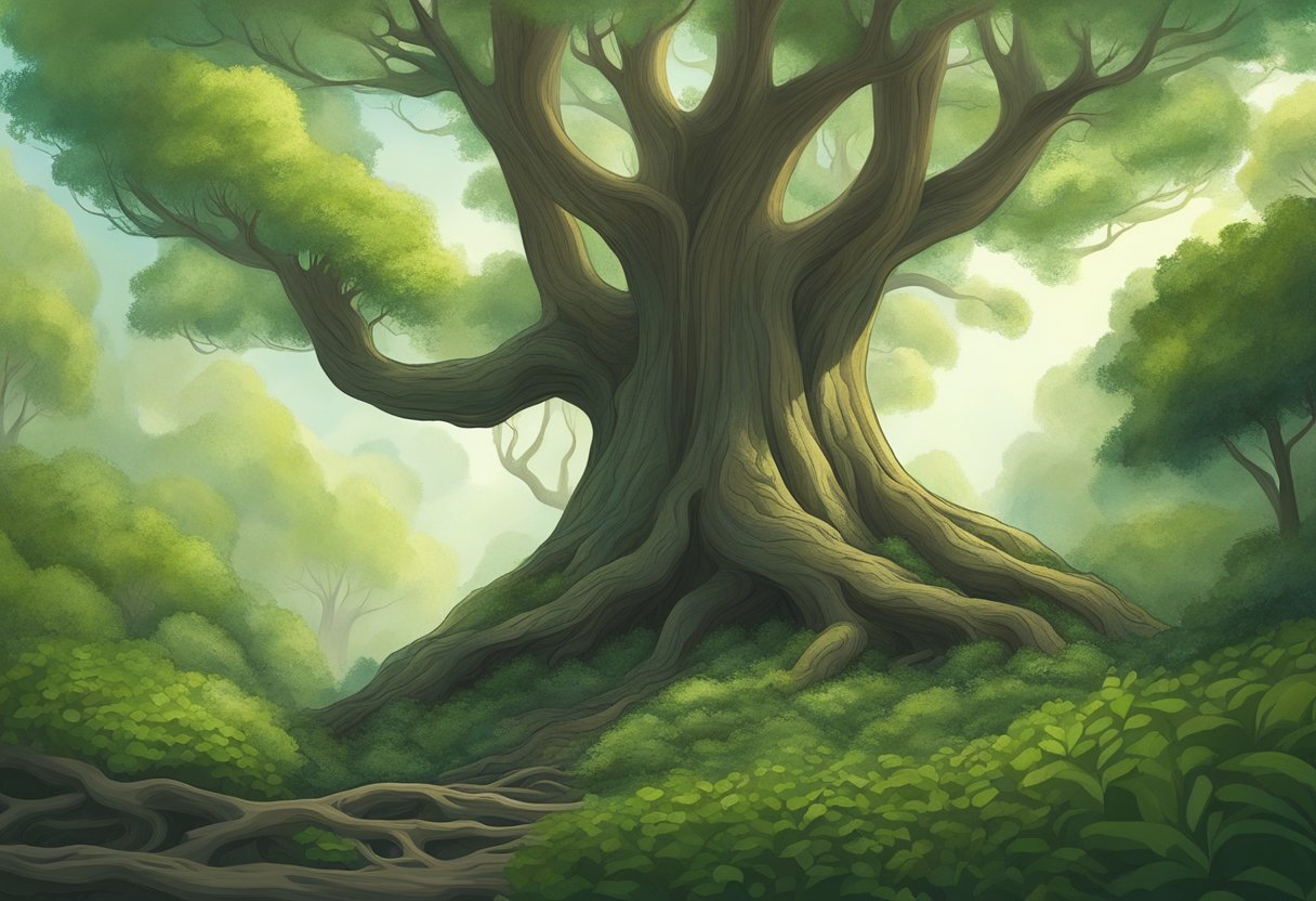 A tall, vibrant tree stands in a dreamy forest, its lush green leaves symbolizing growth and renewal. The roots dig deep into the earth, representing stability and grounding. The trunk is strong and sturdy, signifying resilience and endurance