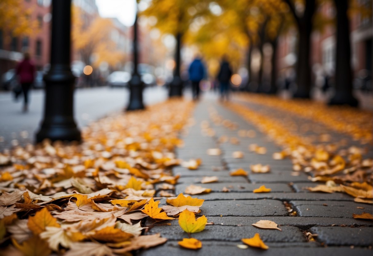 Boston in the fall, with colorful leaves falling from trees, a crisp breeze, and people walking along the cobblestone streets
