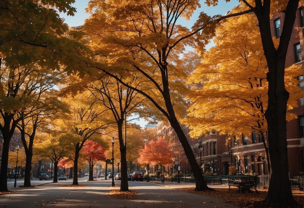 The trees in Boston are ablaze with vibrant reds, oranges, and yellows, as the cool autumn air brings a sense of crispness and tranquility to the city