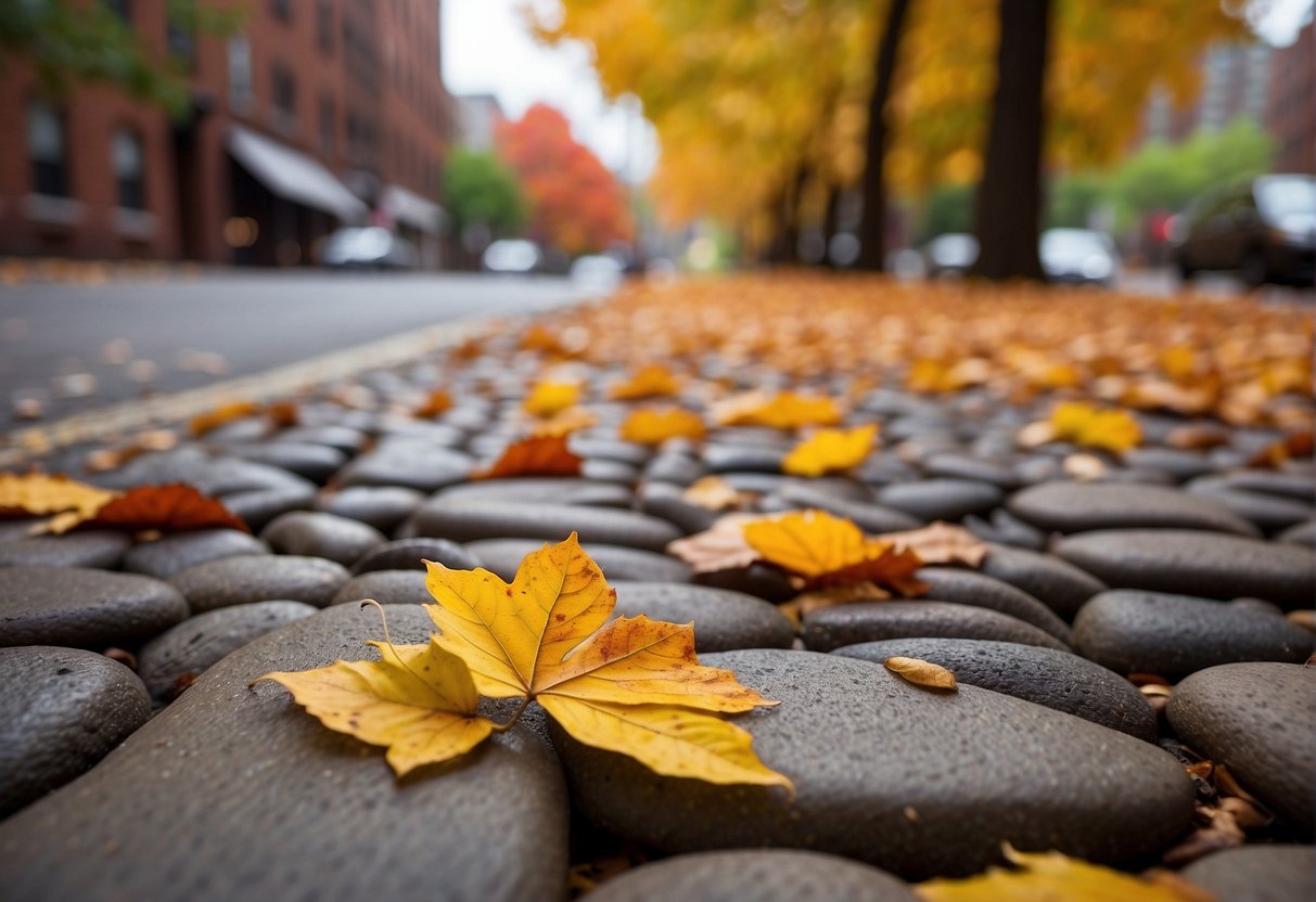 Colorful leaves cover the cobblestone streets of Boston. A gentle breeze rustles through the trees, as people enjoy outdoor activities in the crisp autumn air