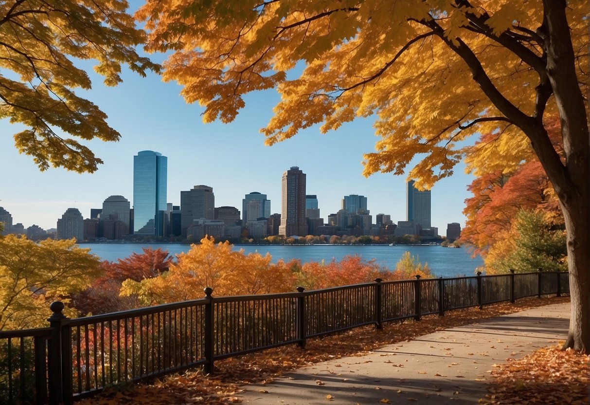Boston skyline with colorful autumn foliage, clear blue skies, and a gentle breeze. Vibrant red, orange, and yellow leaves cover the city streets and parks