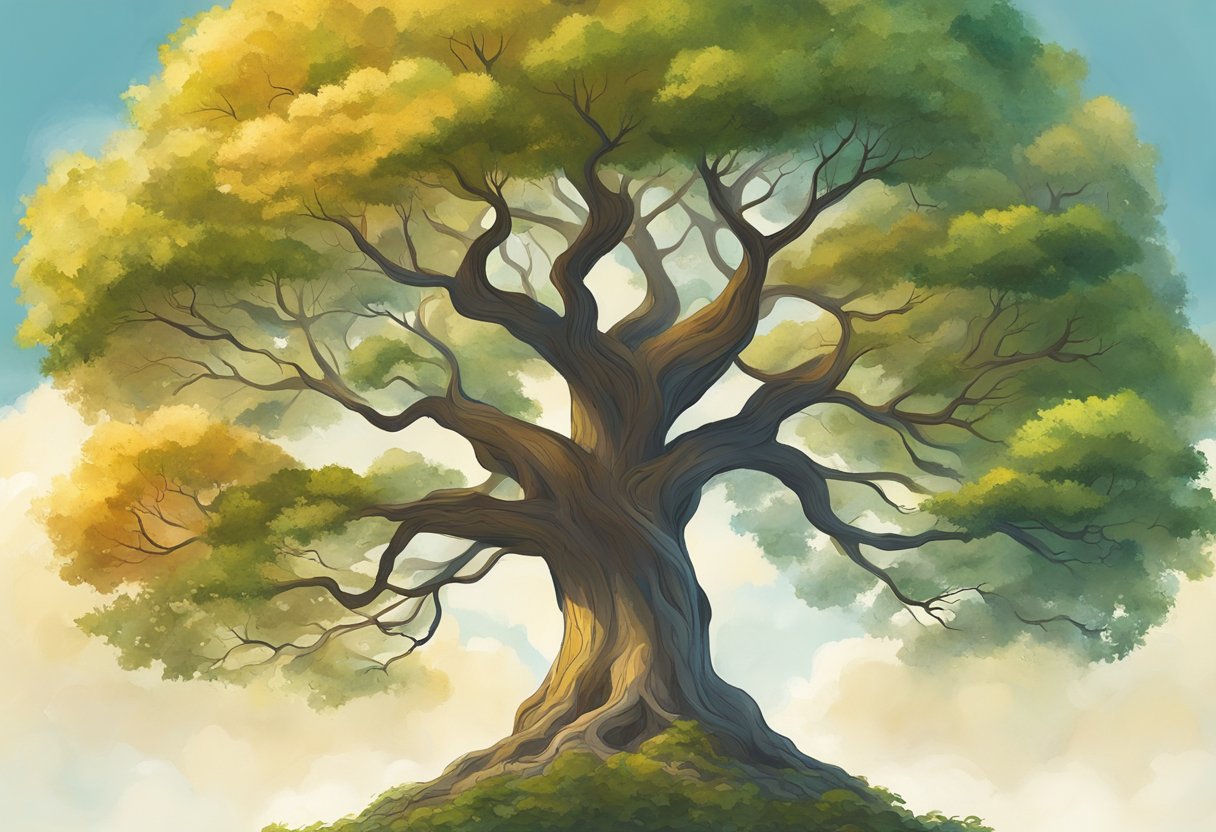 A majestic tree stands tall, its branches reaching towards the sky. Its leaves are vibrant and full, symbolizing strength and vitality. The roots are deep and firmly planted, representing stability and grounding