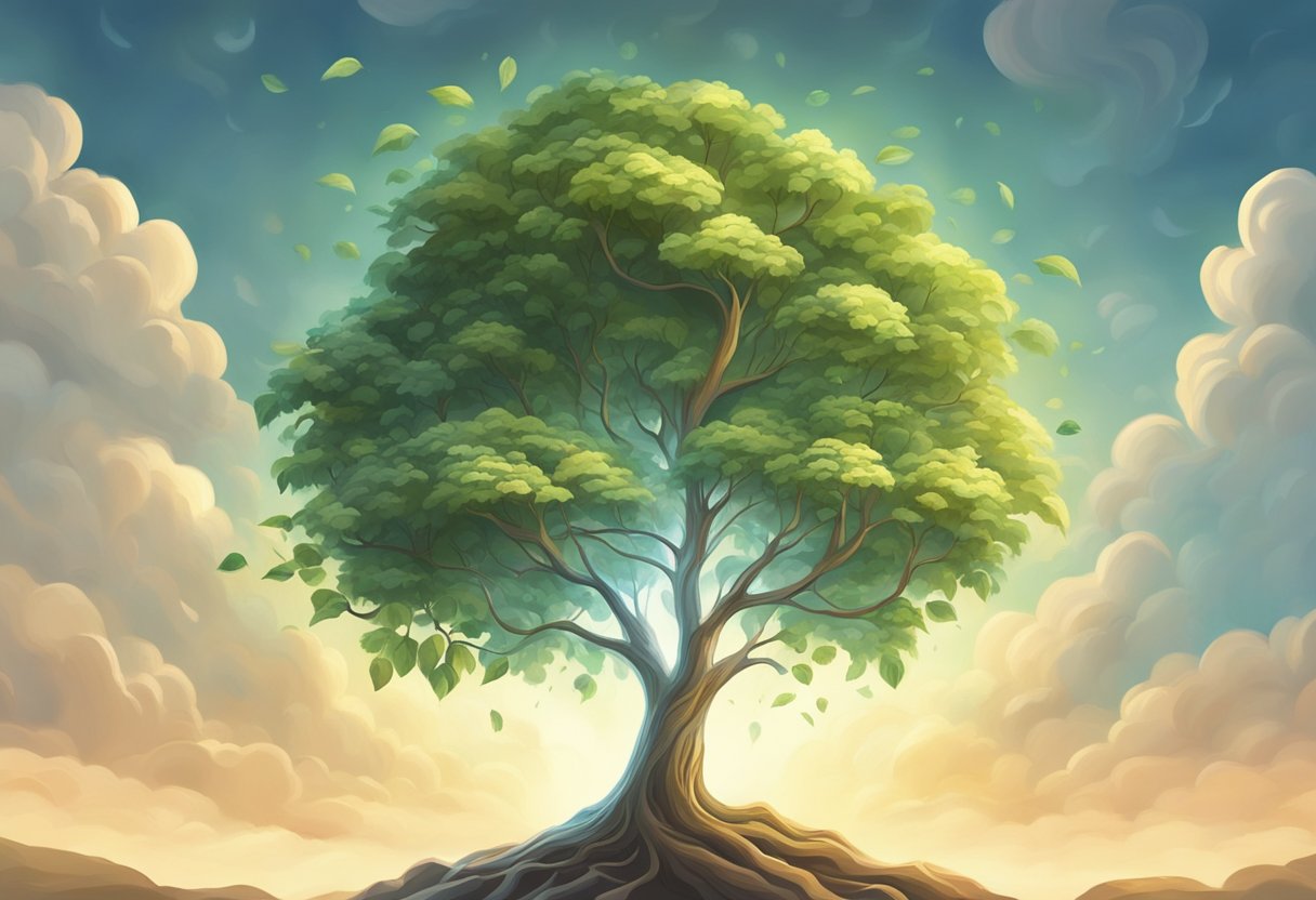 A small seedling grows into a sturdy tree, symbolizing growth and strength in dreams. The tree's branches reach towards the sky, representing spiritual connection